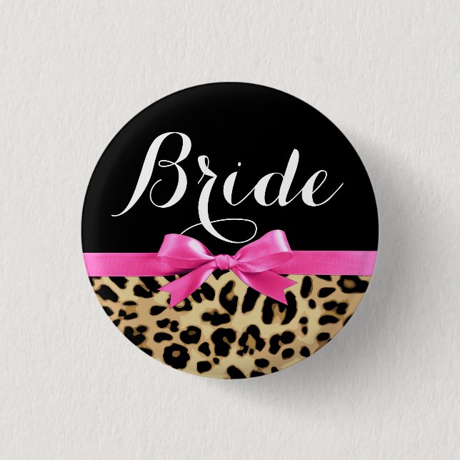 Leopard-Pink-Bogen-Braut-Hochzeits-Knopf Button (Vorderseite)