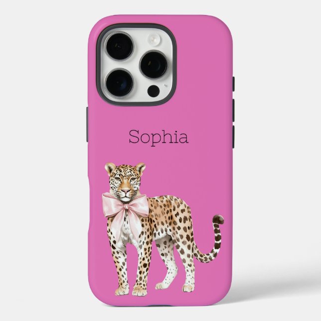 Leopard Pink Bow iPhone 16 Pro Hülle (Rückseite)