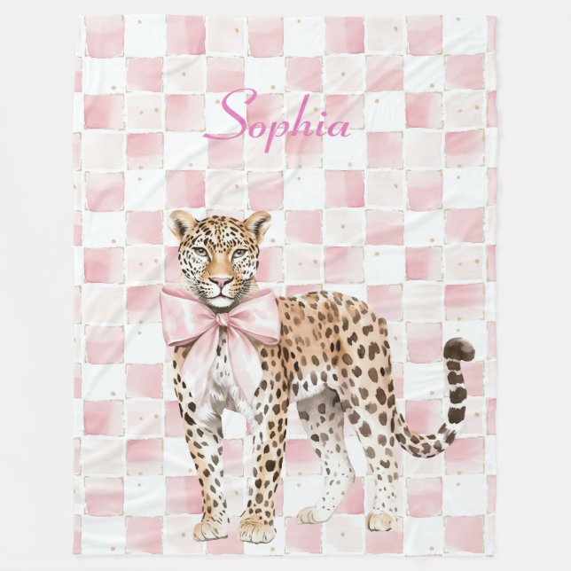 Leopard Pink Bow Squares Fleecedecke (Vorderseite)