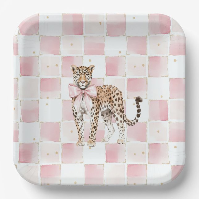 Leopard Pink Bow Squares Geburtstag Pappteller (Vorderseite)