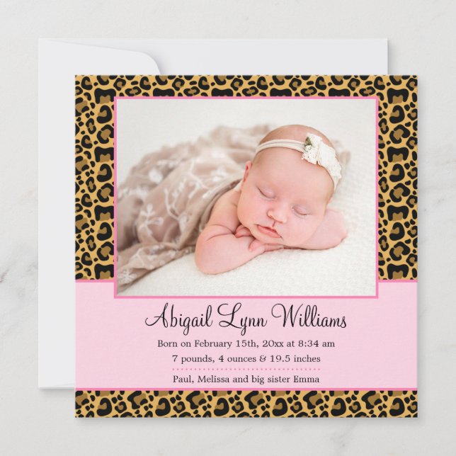 Leopard Pink Girl Foto Geburtsankündigung Ankündigung (Vorderseite)