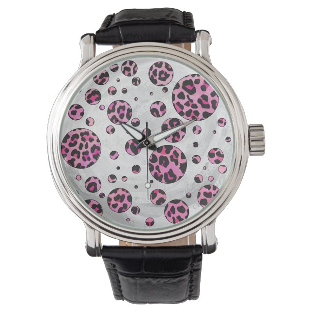 Leopard Polka Dot Black und Hot Pink Print Armbanduhr (Vorderseite)