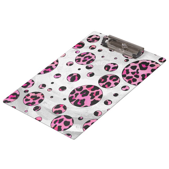 Leopard Polka Dot Black und Hot Pink Print Klemmbrett (Schrägansicht)