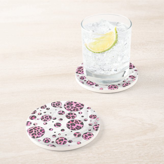 Leopard Polka Dot Black und Hot Pink Print Sandstein Untersetzer (Seite)