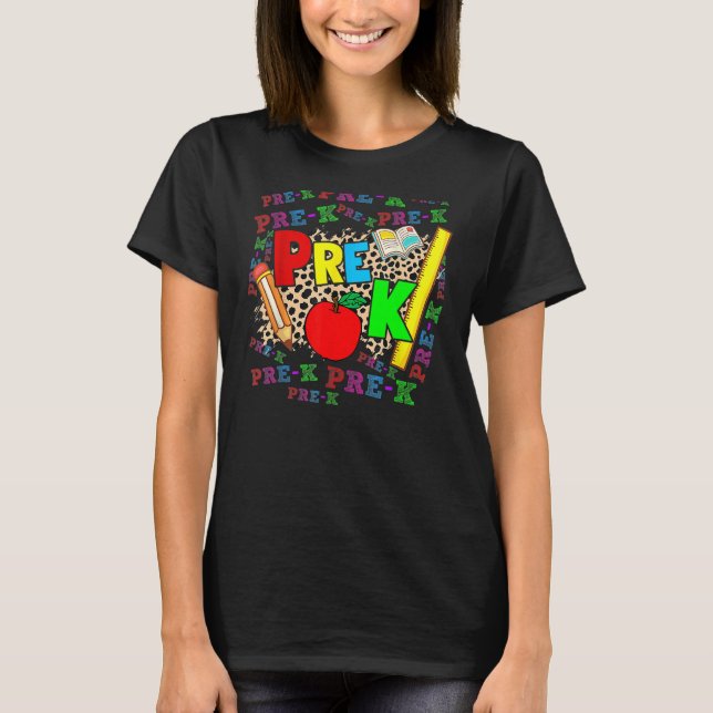Leopard Pre K Typography Preschool Teacher Back To T-Shirt (Vorderseite)