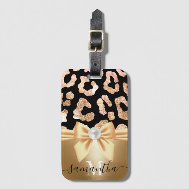 Leopard Print and Bow Gepäckanhänger (Vorderseite Vertikal)