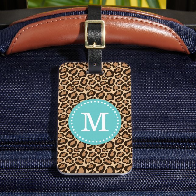 Leopard Print and Türkise Custom Monogram Gepäckanhänger (Vorderseite Insitu 2)
