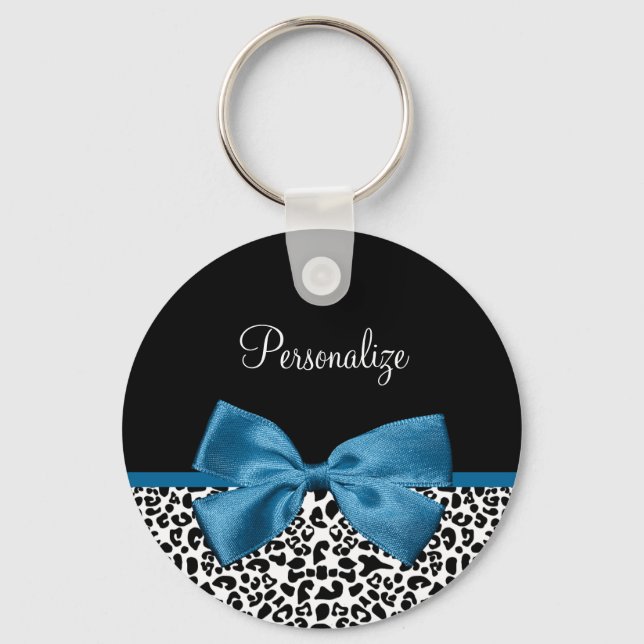 Leopard Print Animal Muster Hübsch Blue Bow Schlüsselanhänger (Vorderseite)