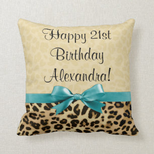 Leopard Print Aqua Blue Bow Girls Womens Birthday Kissen