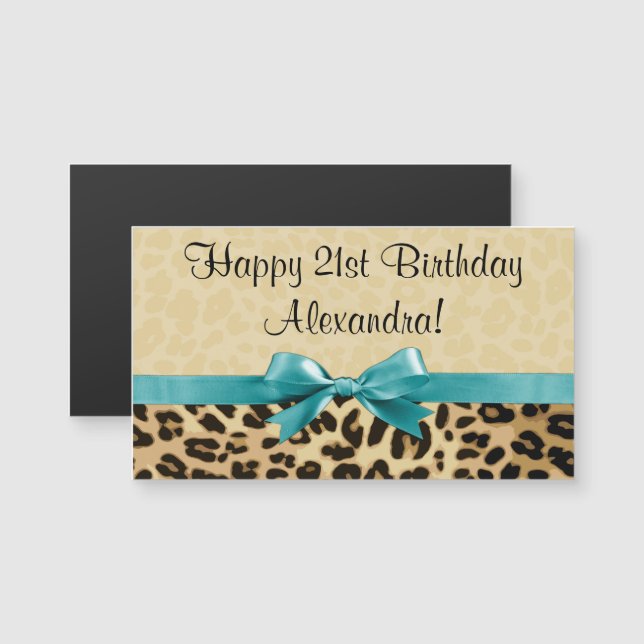 Leopard Print Aqua Blue Bow Girls Womens Birthday Magnetkarte (Vorne/Hinten)