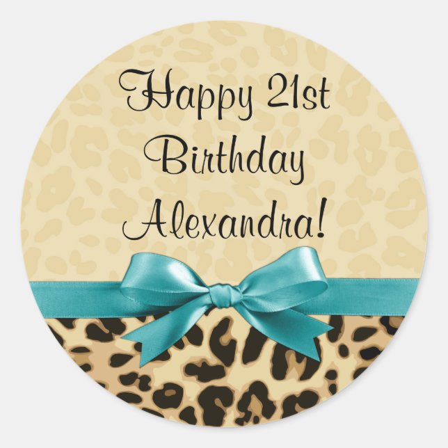 Leopard Print Aqua Blue Bow Girls Womens Birthday Runder Aufkleber (Vorderseite)