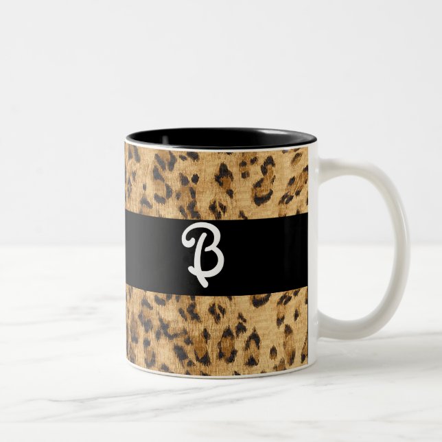Leopard Print B Monogram Initials Merchandise Zweifarbige Tasse (Rechts)