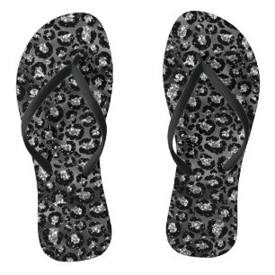 Leopard Print Black and Silver Gray Flip Flops