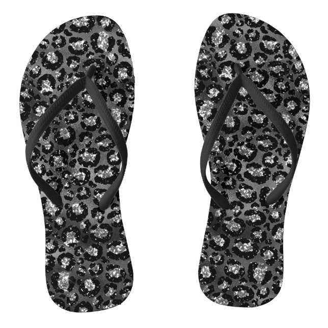 Leopard Print Black and Silver Gray Flip Flops (Fußbett)