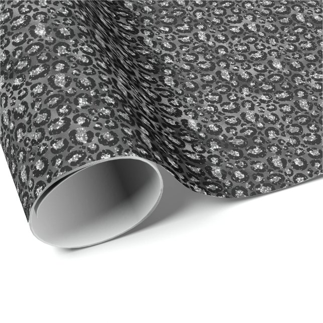 Leopard Print Black and Silver Gray Geschenkpapier (Rolleneckpunkt)