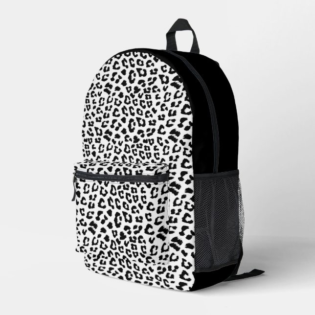 Leopard Print Black and White Bedruckter Rucksack (Rückseitige Ecke Rechts)