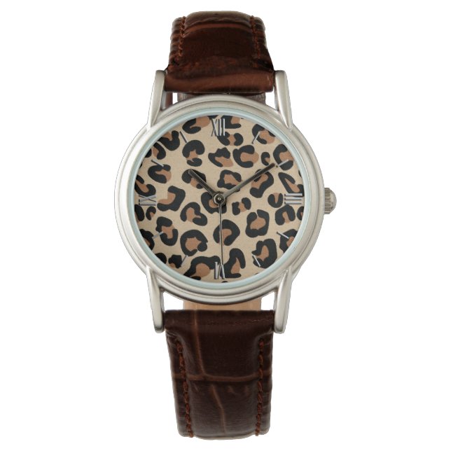 Leopard Print, Black, Brown, Rust und Tan Armbanduhr (Vorderseite)