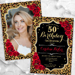 Leopard Print Black Gold Foto 50. Geburtstag Einladung<br><div class="desc">Elegante weibliche 50. Geburtstagseinladung mit Ihrem Foto auf der Kartenrückseite. Glam schwarzes Design mit tierischem Leopardenprint und Imitaten Glitzer Gold. Enthält rote Rosen, Skript-Schriftart und Konfetti. Ideal für ein stilvolles Party für Erwachsene. Personalisieren Sie Ihre persönlichen Daten. Kann für jedes Alter angepasst werden! Gedruckte Zazzle Einladungen oder Sofortdownload digitalen druckbaren...</div>