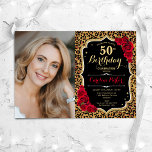 Leopard Print Black Gold Red Foto 50. Geburtstag Einladung<br><div class="desc">Elegante florale feminine 50. Geburtstagseinladung mit Ihrem Foto. Glam schwarz rotes Design mit Imitaten Glitzer Gold. Features Tier Leopard Druck, rote Rosen, Skript-Schriftart und Konfetti. Ideal für ein stilvolles Party für Erwachsene. Personalisieren Sie Ihre persönlichen Daten. Kann für jedes Alter angepasst werden! Gedruckte Zazzle Einladungen oder Sofortdownload digitalen druckbaren Vorlage....</div>
