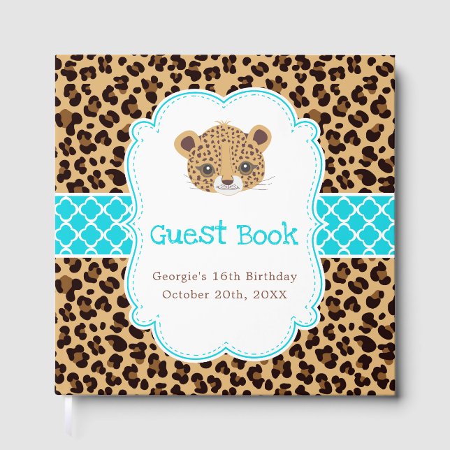 Leopard Print Blue Quatrefoil Birthday Party Gästebuch (Vorderseite)
