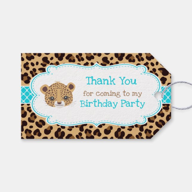 Leopard Print Blue Quatrefolie 'Danke' Tag Geschenkanhänger (Vorderseite (Horizontal))