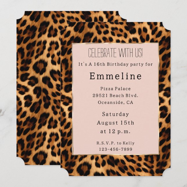 Leopard Print Blush Pink Chic Gold Glam Einladung (Vorne/Hinten)