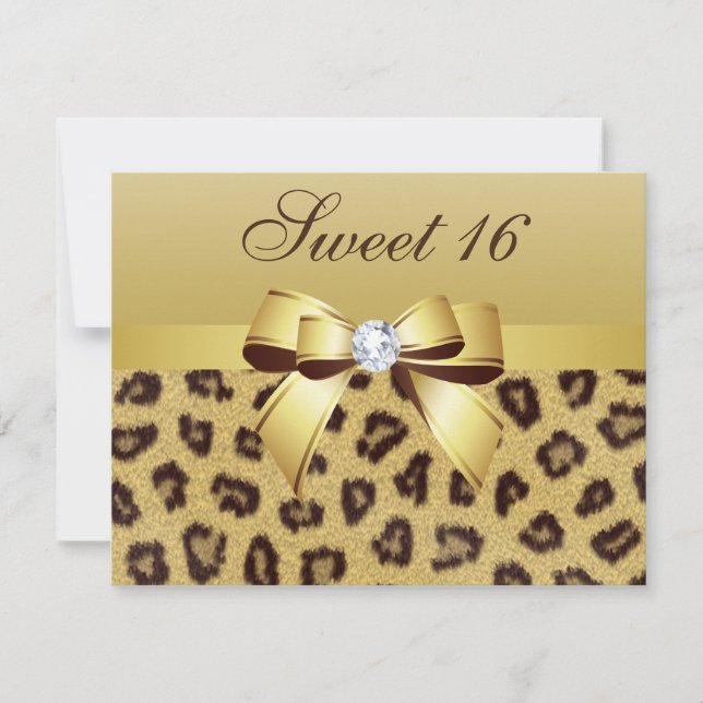 Leopard Print, Bow & Diamond Sweet 16 Einladung (Vorderseite)