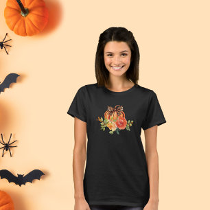 Leopard Print Bow Kürbis Fall Floral Frauen T-Shirt
