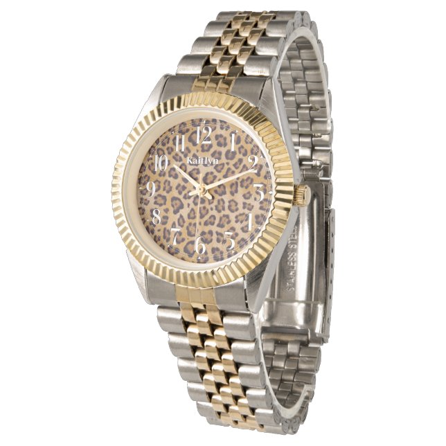 Leopard Print Chic Fügen Sie Ihren Namen Armbanduh Armbanduhr (Schrägansicht)