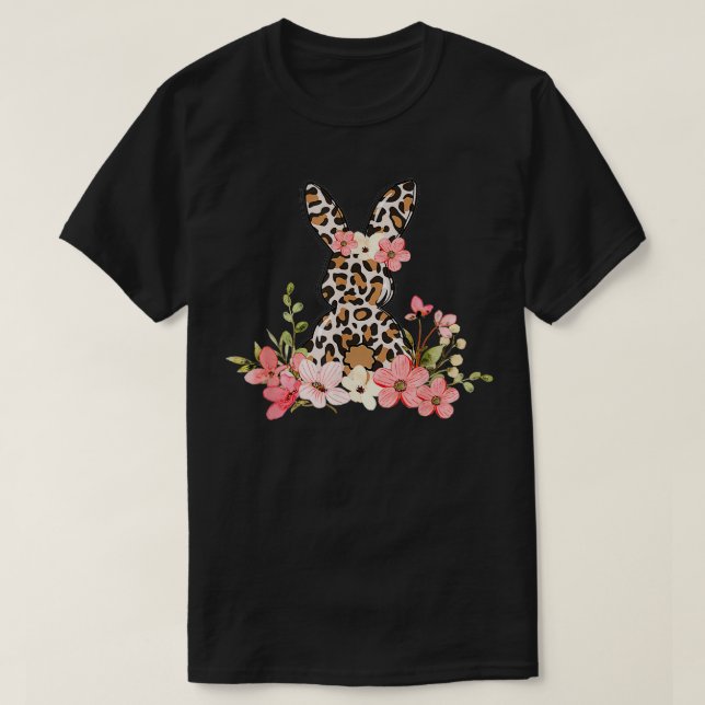 Leopard Print Easter Bunny Rabbit Holiday Blume T-Shirt (Design vorne)