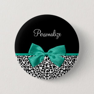 Leopard Print Emerald Green Ribbon Bow Chic Name Button