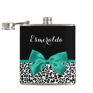 Leopard Print Emerald Green Ribbon Bow Chic Name Flachmann