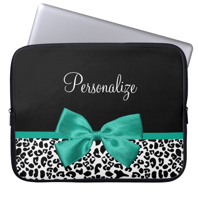 Leopard Print Emerald Green Ribbon Bow Chic Name Laptopschutzhülle (Vorderseite)
