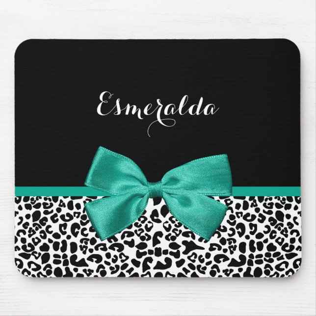 Leopard Print Emerald Green Ribbon Bow Chic Name Mousepad (Vorne)