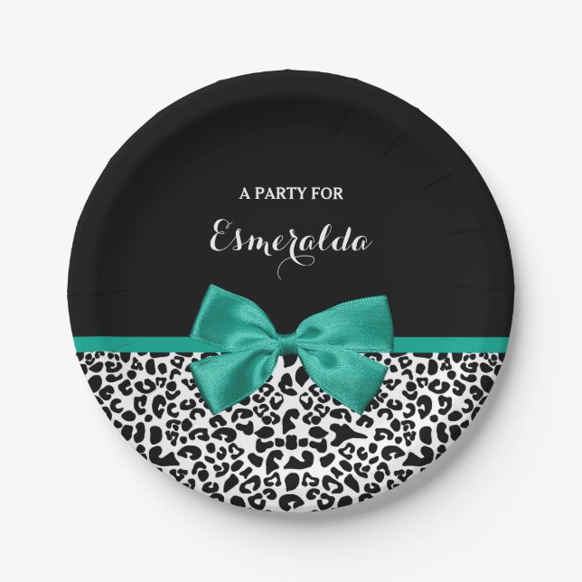 Leopard Print Emerald Green Ribbon Bow Chic Name Pappteller (Vorderseite)