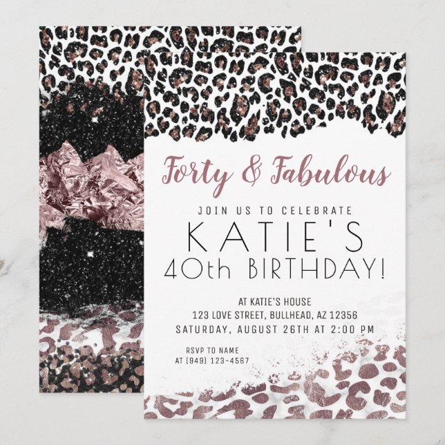 Leopard Print Forty & Fabulous Rose Gold Geburtsta Einladung (Vorne/Hinten)