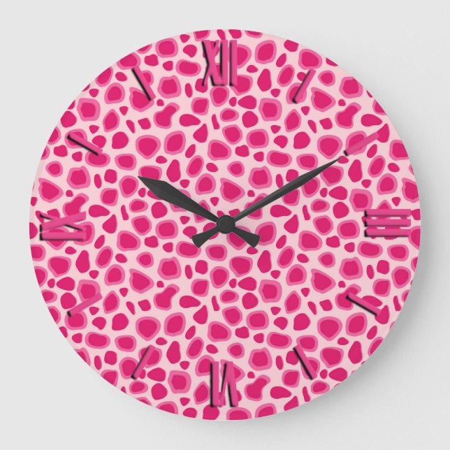 Leopard Print - Fuchsia und hellrosa Große Wanduhr (Vorderseite)