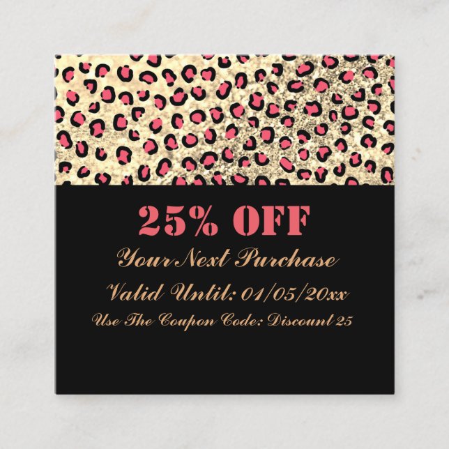 Leopard Print Glitzer Black QR Code Discount Card Quadratische Visitenkarte (Vorderseite)