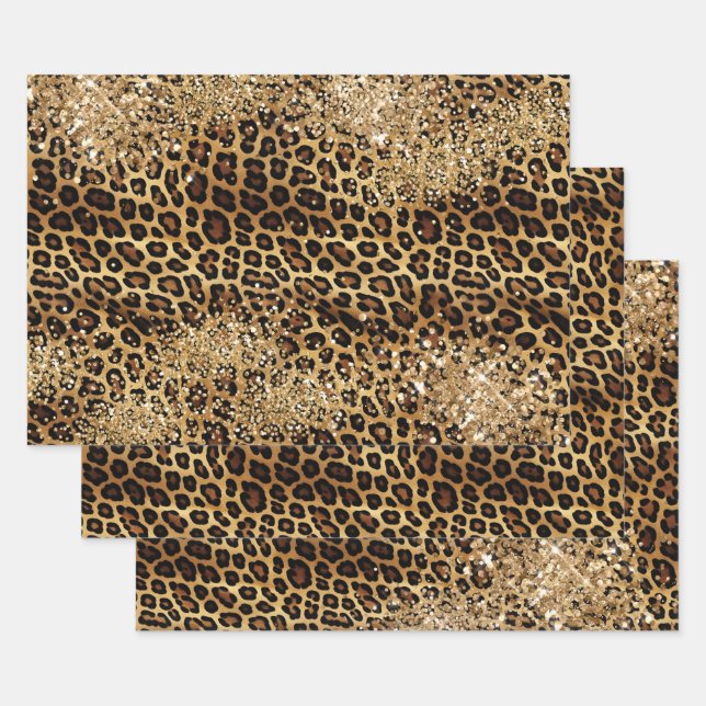 Leopard Print Gold Glitzy Sparkle Glitzer Geschenkpapier Set (Set)