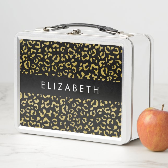 Leopard Print, Gold Leopard, Glitzer, Ihr Name Metall Brotdose (Beispiel)