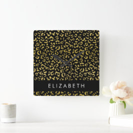 Leopard Print, Gold Leopard, Glitzer, Ihr Name Quadratische Wanduhr
