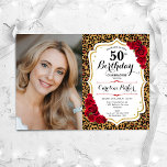 Leopard Print Gold Red Foto 50. Geburtstag Einladung<br><div class="desc">Elegante florale feminine 50. Geburtstagseinladung mit Ihrem Foto. Glam weißes Design mit Imitaten Glitzer Gold. Features Tier Leopard Druck,  rote Rosen,  Skript-Schriftart und Konfetti. Ideal für ein stilvolles Party für Erwachsene. Personalisieren Sie Ihre persönlichen Daten. Kann für jedes Alter angepasst werden! Gedruckte Zazzle Einladungen oder Sofortdownload digitalen druckbaren Vorlage.</div>