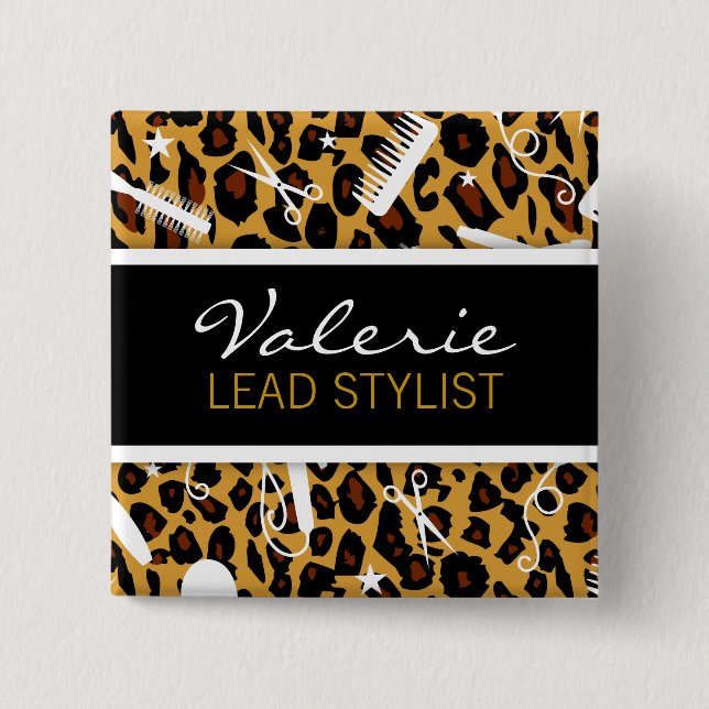 Leopard Print Hair Salon Name Abzeichen Button (Vorderseite)