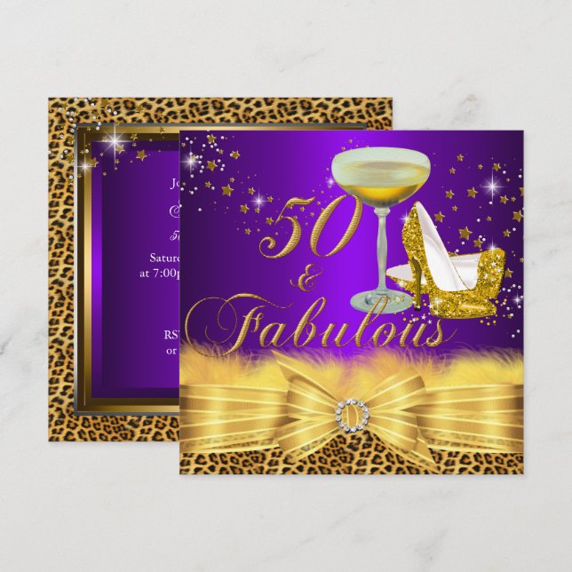 Leopard Print & Heelses Lila 50 & Fabulous Einladung (Vorne/Hinten)