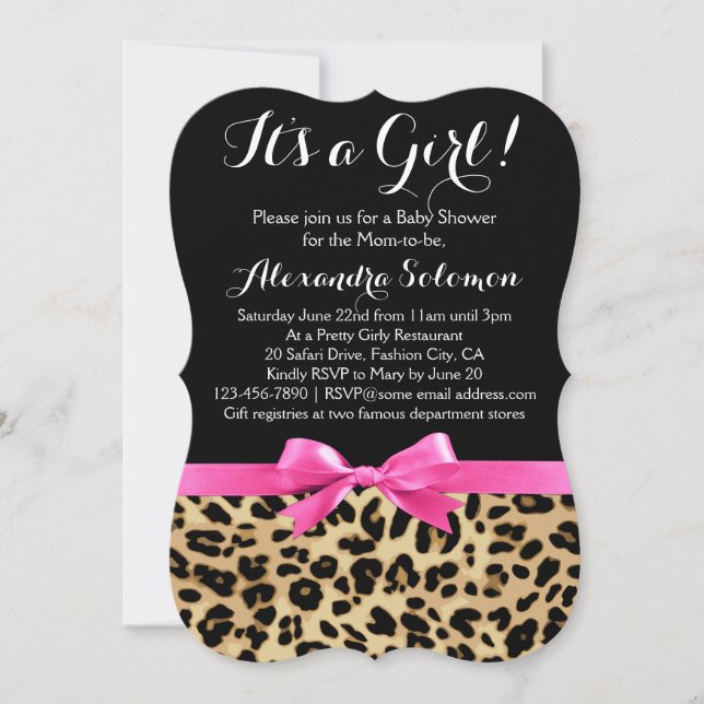 Leopard Print Hot Pink Bow seine Girl Baby Dusche Einladung (Vorderseite)