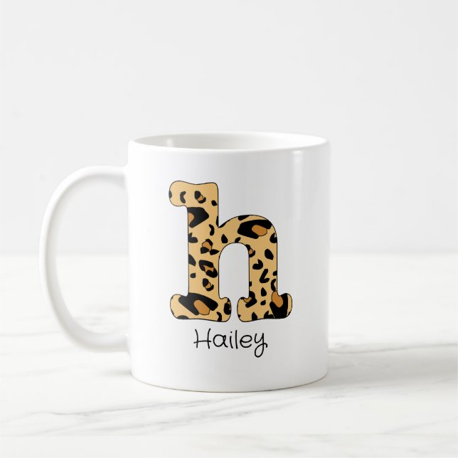 Leopard Print Initial h Lowercase und Name Kaffeetasse (Links)