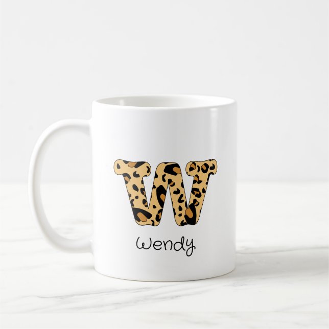 Leopard Print Initial w Lowercase und Name Kaffeetasse (Links)