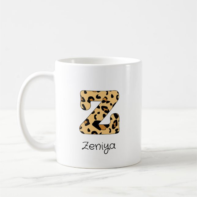 Leopard Print Initial z Lowercase und Name Kaffeetasse (Links)