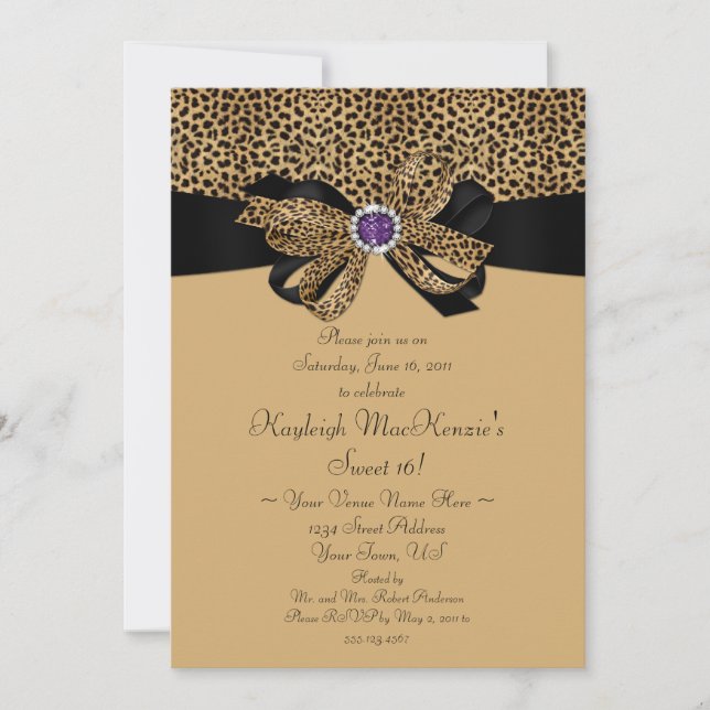 Leopard Print Lila Jewels Diamonds Sweet 16 Invi Einladung (Vorderseite)