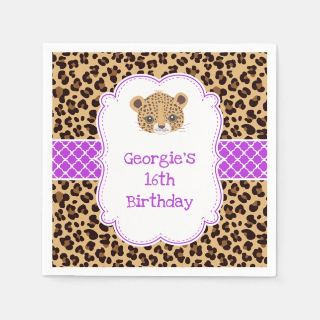 Leopard Print Lila Quatrefolie Geburtstagsparty Serviette (Vorderseite)